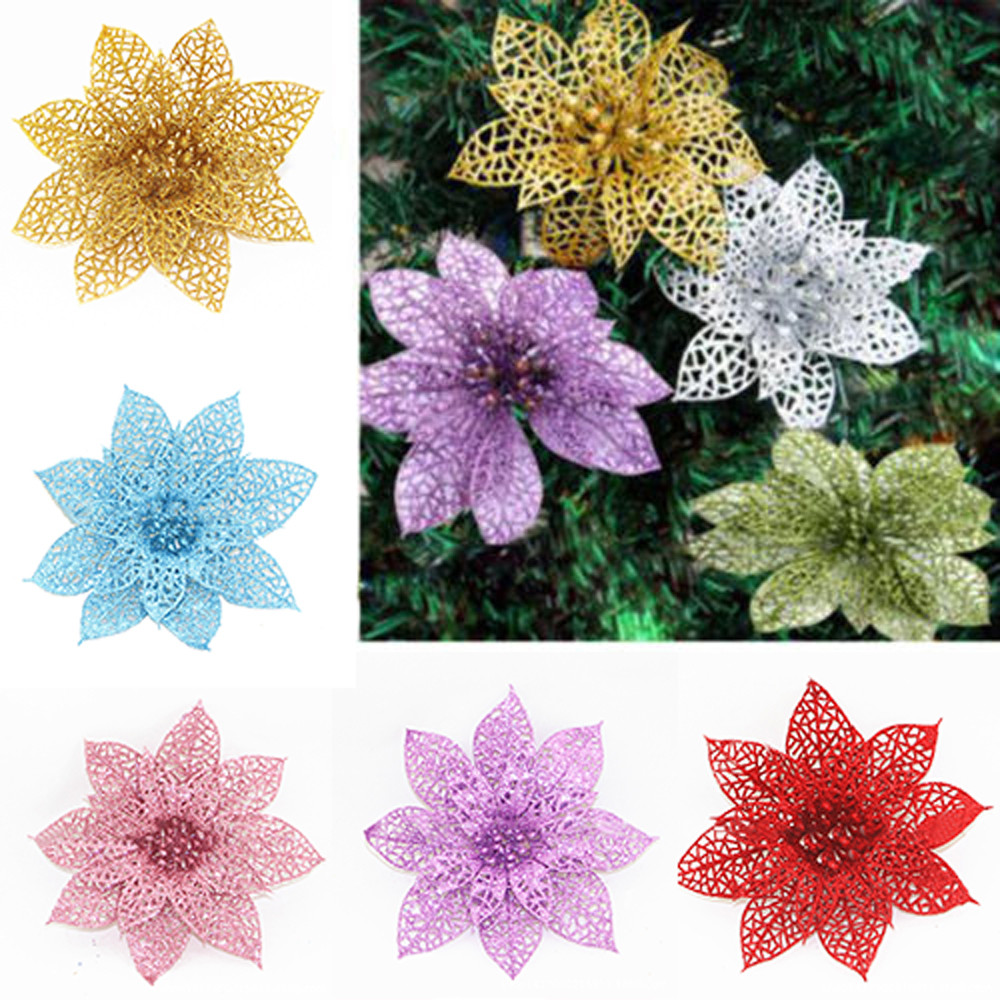 

10Pcs/Set Christmas Flowers Trees Xmas Decor Glitter Wed Artificial Flowers Birthday Party Hanging Garland 8cm sztuczne kwiaty, Blue