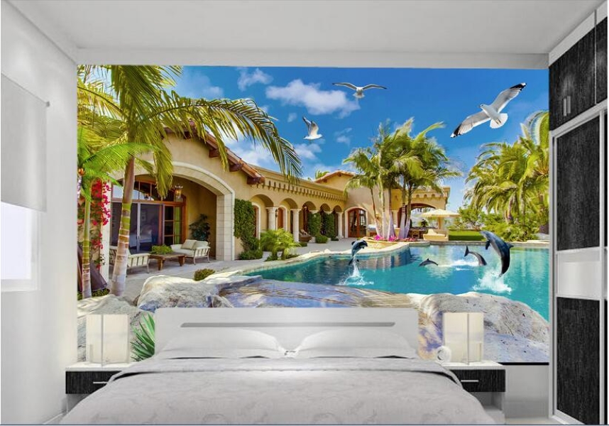 

3d wallpaper custom photo mural Town water dolphins Villa swimming pool background home decor living room 3d wall murals wallpaper, Non-woven