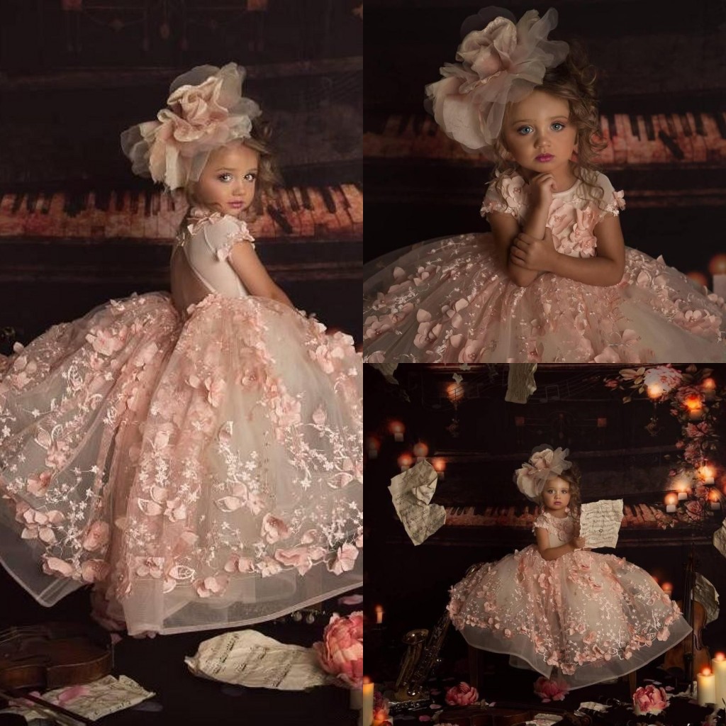 

2020 new princess flower girls dresses for wedding jewel neck 3d floral bead kids pageant dress ball gown toddler communion gowns bc2404, White;blue