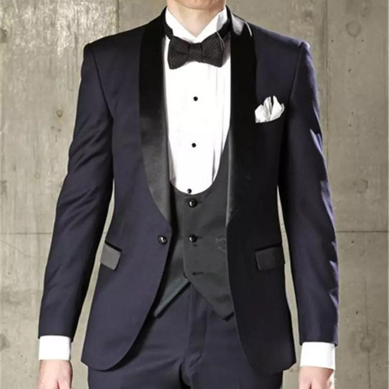 

New Navy Blue Groom Tuxedos Black Shawl Lapel Groomsman Wedding Suit Excellent Men Business Prom Blazer(Jacket+Pants+Vest, As image