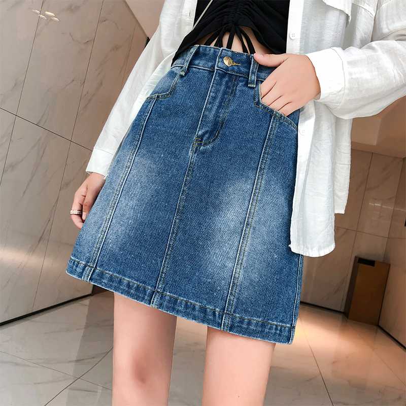 

5XL 2020 New Summer Girls' Tall Waist A-Line Skirt Button Female Denim Skirt With Pockets Office Lady Pencil Skirts Cotton, Blue