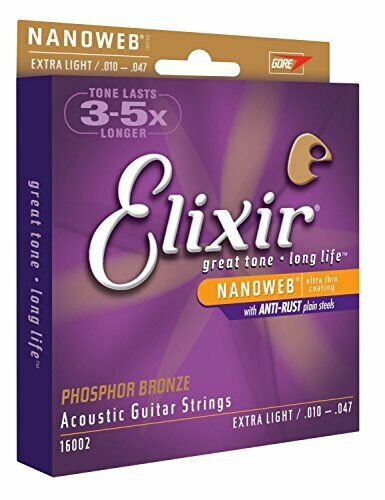 

16002 Elixir Acoustic Nanoweb Phosphor Bronze Extra Light Guitar Strings 010-047