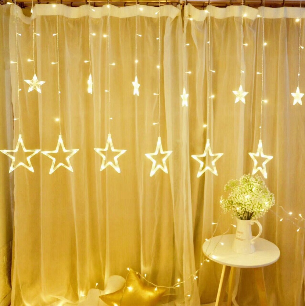 

138 LED 220V Star Curtain Lamp Christmas Decorations For Home Party With Lights Five Pointed Star Wedding Lamp Indoor Battery