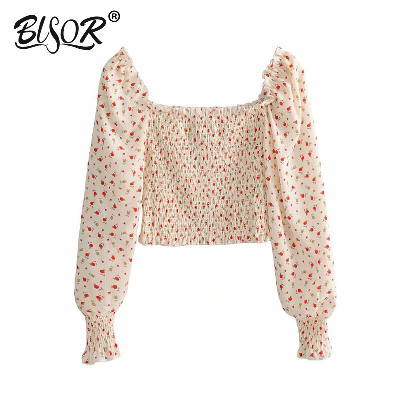 

Women sweet slim crop top Flower print long sleeve square collar backless chic shirt stretchy short blouse, Beige