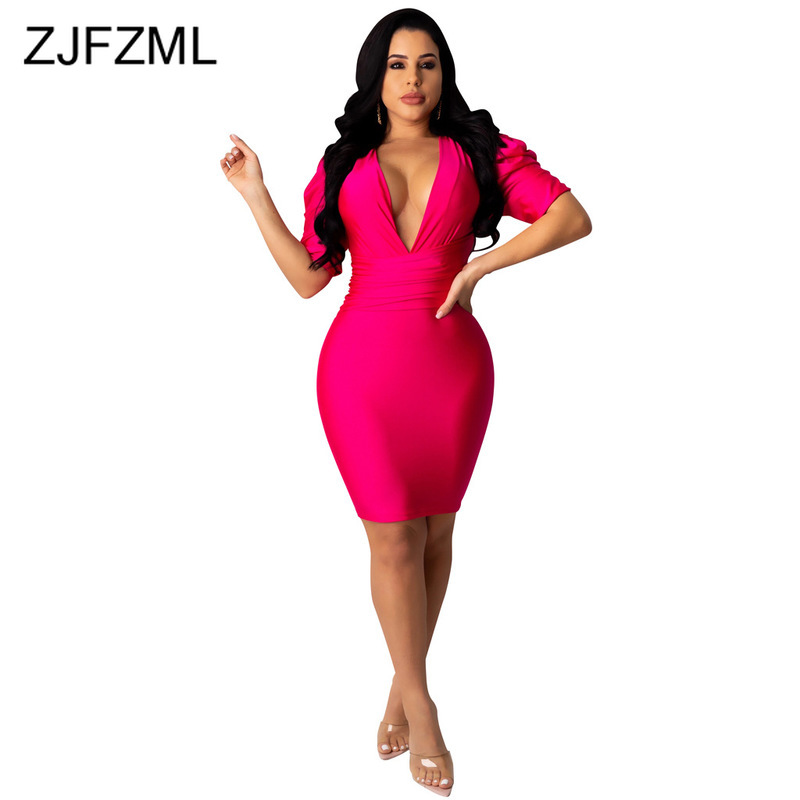 

Deep V Neck Sexy Bodycon Dresses Women Party Night Long Sleeve High Waist Ruched Bandage Dress Elegant Solid Wrap Mini Dress, Black