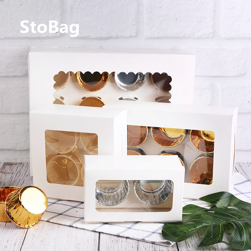 

StoBag 10pcs Cake Biscuit Packaging Pastry Box Transparent Window Baking Egg Tart Puff Box Party Guest Macaron Chocolate