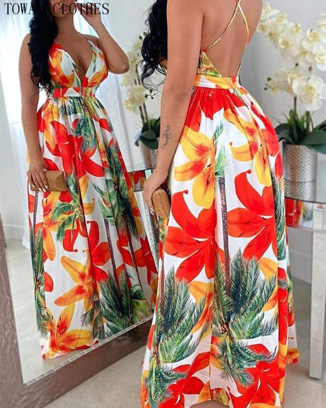 Sleeveless Spaghetti Strap Floral Print Backless Maxi Dress Summer Dress Women Fashion Party Elegant Clothes