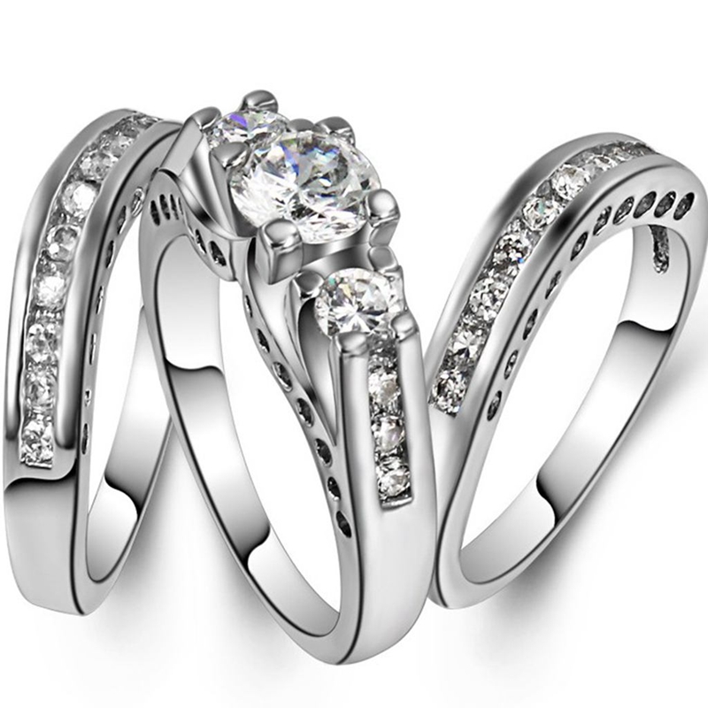 Taille 6 2Pcs Set Mariage Fiançailles Blanc Zircon Cubique Bague Or Rhodium Statement Cocktail