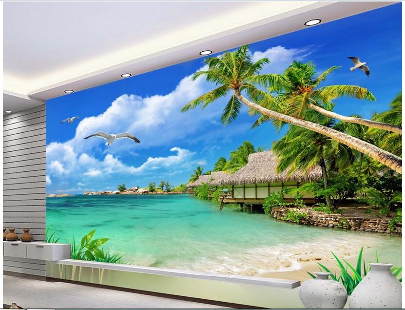 

WDBH 3d wallpaper custom photo Seashore coconut tree seagull landscape room painting Home decor 3d wall muals wall paper for walls 3 d, Non-woven