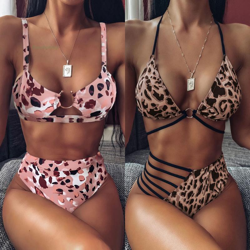 

Leopard Cross Bandage Bikini Set Sexy Hollow Out Swimsuit Female Leopard Push Up Swimwear Women 2020 Bow Biquini Strap Beachwear