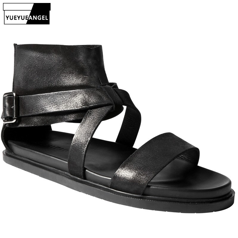 

Men High-Top Rome Sandals Genuine Leather Flats Personality Summer Casual Shoes Beach Sandals Black Punk Sandalias Hombre