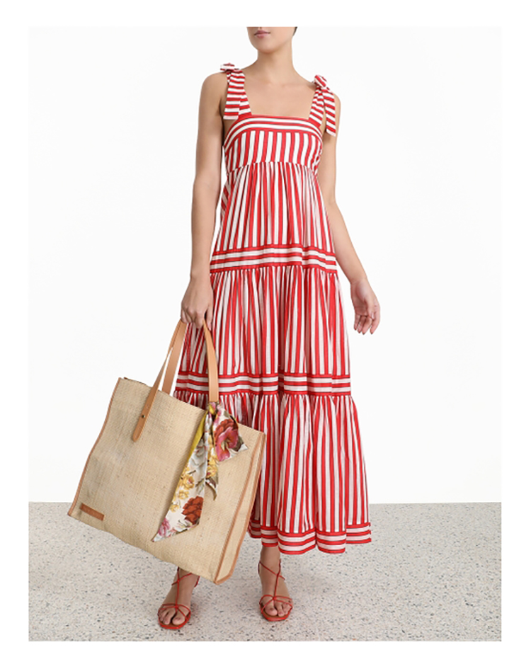 

Summer 2020 Australian designer brand high-waisted striped casual dress with straps, Red