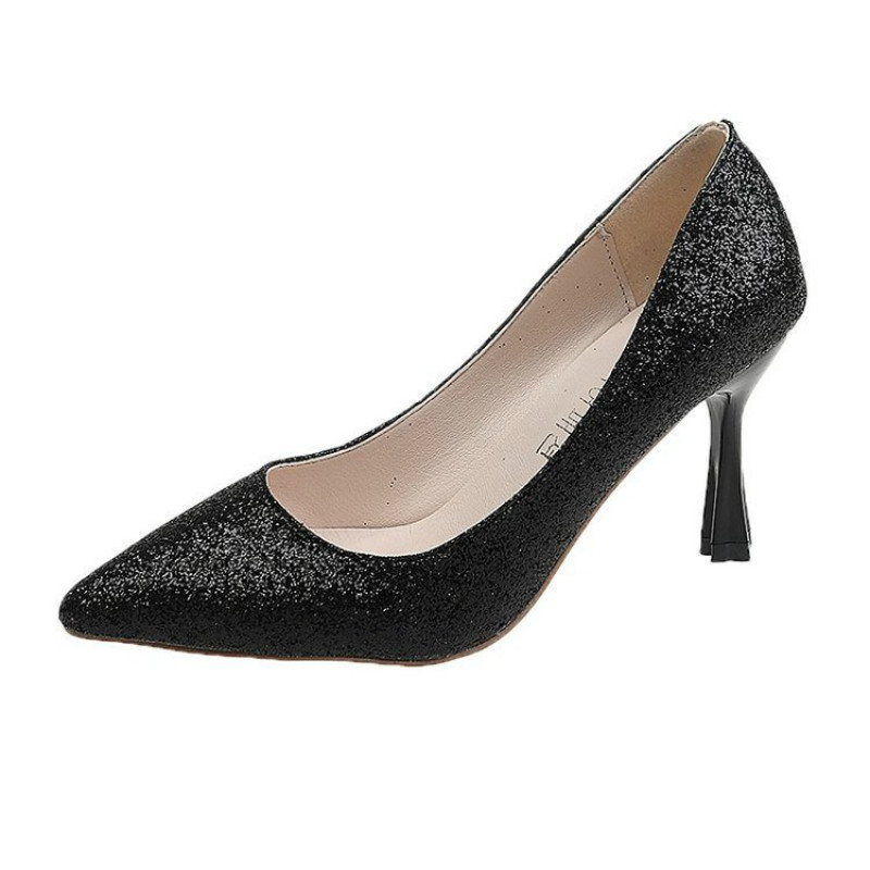 

Woman's Summer New Fashion Black Pointed High Heel Shoes Woman Luxurious High Quality Pumps Elegant Sequins Wedding Shoes