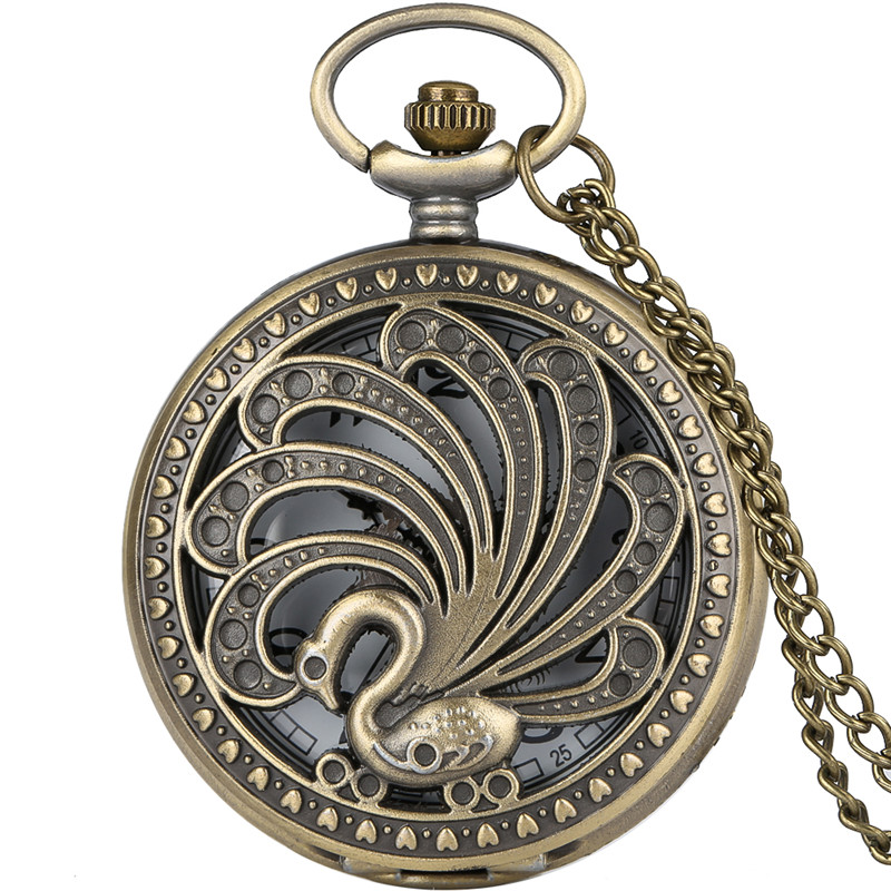 

Bronze Vintage Hollow Peacock Design Pocket Watch Animal Quratz Watches With Necklace Chain for Women Men Kids orologio da tasca