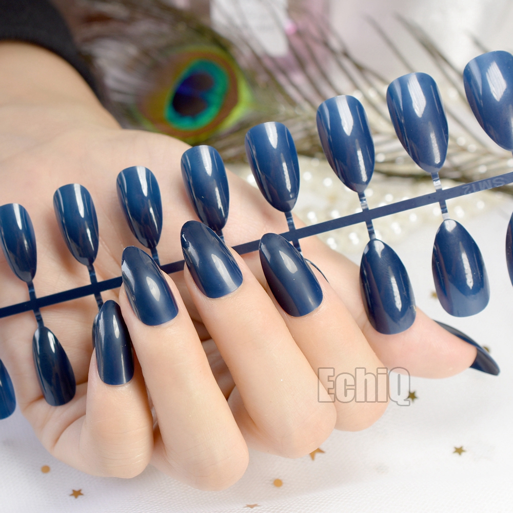

Dark Blue Oval Sharp end Stiletto Nails Tips Full Cover Fake Artificial Nails 24pcs Office Solid Pure Colour False, White