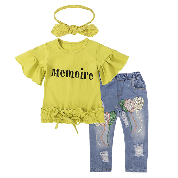 

Summer baby girl kids clothes Set Horn sleeve letters top+Balloon jeans Denim pants+bows Headband 3pcs Kids Designer Clothes Girls DHL JY353, Yellow