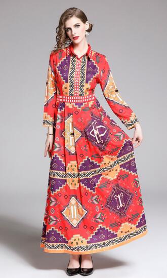 

European spring and autumn new women's European and American retro printed lapel slim dress, As the picture