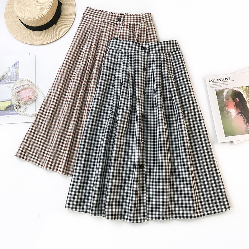

Women Classic Vintage Midi Skirts 2020 New Spring Summer 60s 1950's Plaid Skirt Female A Line Single Breasted Skirt Faldas Mujer