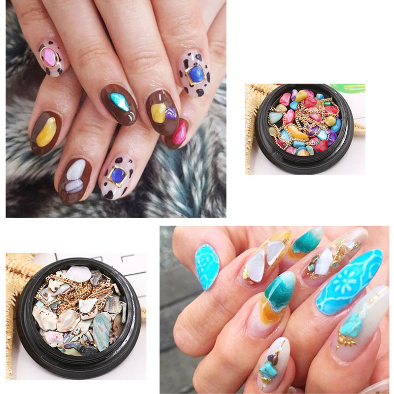 

1 Box Colorful Sea Shell Stones Mix Nail Art Decor Sticker with Chains Supplies FM88, Multi color