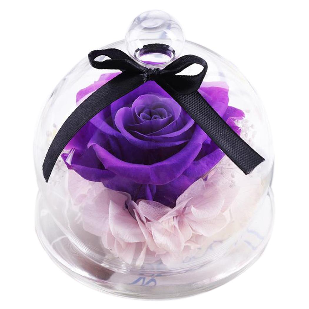 

Artificial Flowers Everlasting Flower Rose with Glass Cover Home Wedding Party Valentine's Day Decoration Wood Gift, Purple