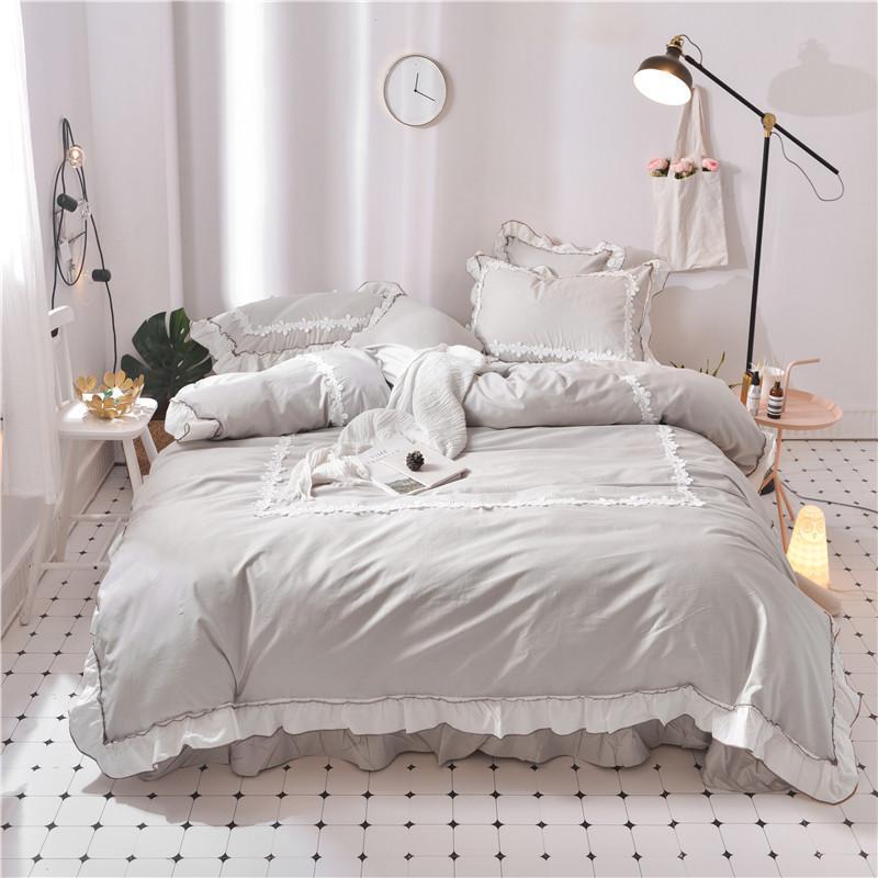 

High-quality 100% Cotton Pure Princess Ruffles Bedding set Applique Duvet Cover set Bed Sheet Pillowcases Queen King Size J/6pcs, Sf8