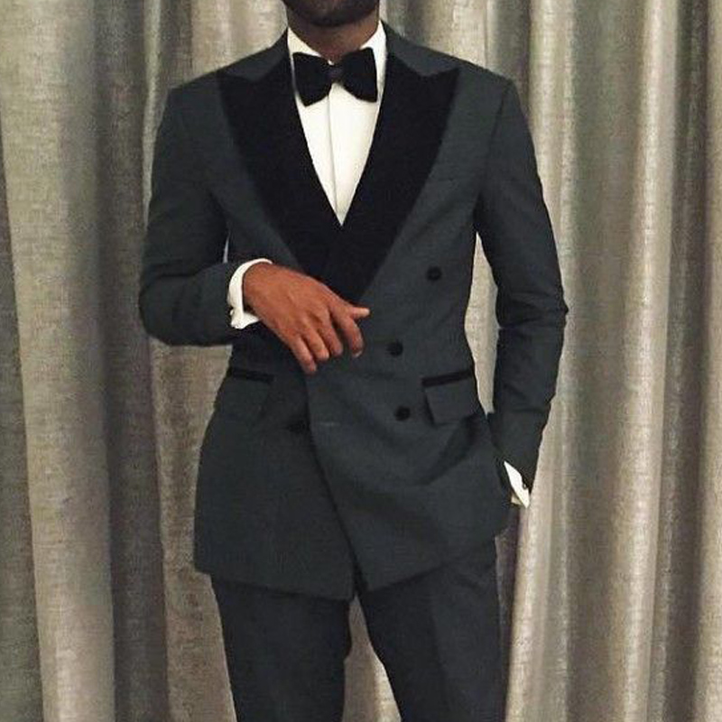 

Classic Black Double Breated Slim fit Men Suits for Wedding Prom with Peaked Lapel 2 Piece Jacket Pants Male Set Jacket Pants, Same as image