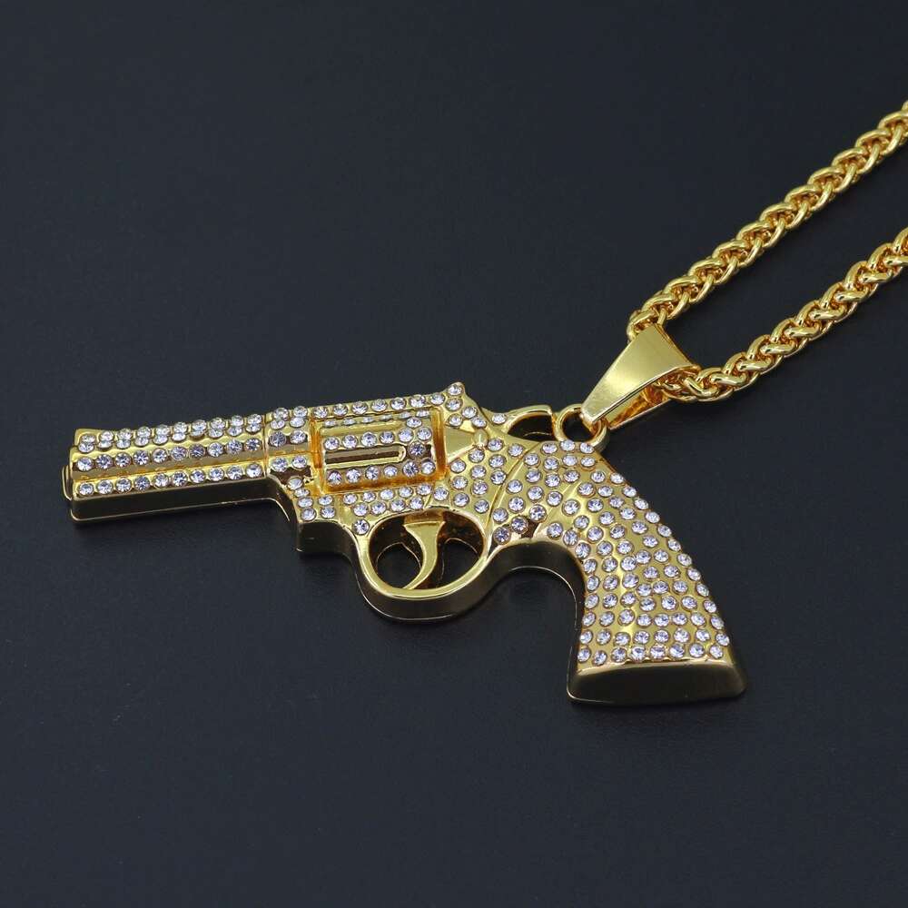 

Fashion-pistol gun diamonds pendant necklaces for men western luxury necklace alloy rhinestones Cuban chains jewelry free shipping