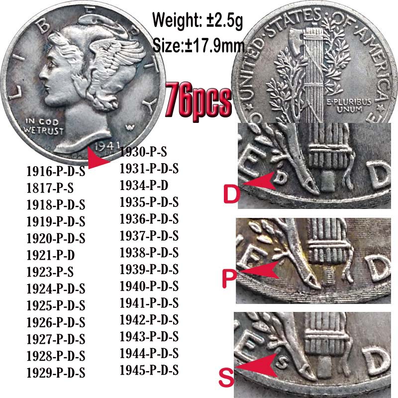

76pcs USA Copy Coin 1916-1945 Mercury Coins Different Years Plating Silver Coins Set