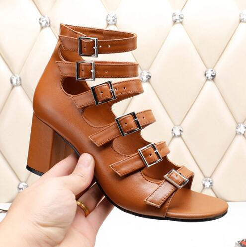 

[Orignal Box] Summer New SL Womens High Chunky Heels 6.5cm Casual Roma Sandals Gladiator Cow Leather Rivet Sexy Girl Ladies Shoes 4-10, With brand logo