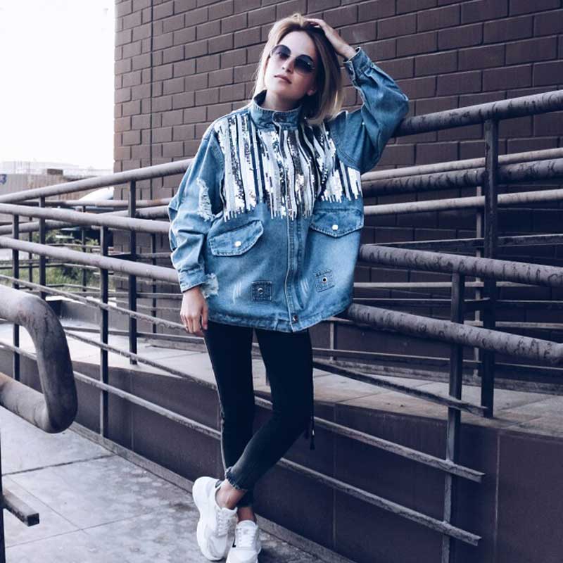 

Boho Inspired bling sequins denim jacket women long sleeves blue vintage 2019 fashion winter jacket coat denim outwear Chaquetas, As pic