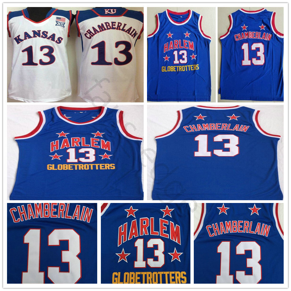 

NCAA Harlem Globetrotters Wilt #13 Chamberlain Blue Basketball Jersey Stitched Kansas Jayhawks College Wilt Chamberlain White Jerseys Shirts, Black;red