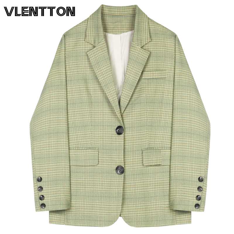 

2020 Spring Vintage Green Plaid Blazers Women Chic Button Loose Korean Suits Jacket Coat Female Outwear Tops Office Blazer Mujer