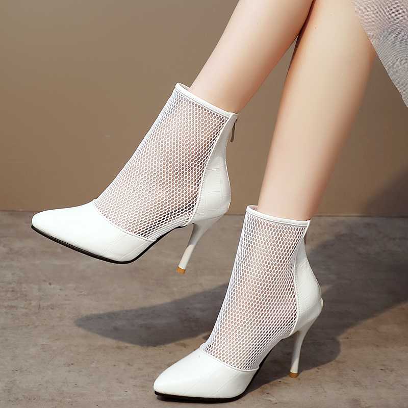 

2020 mesh short boots womennew hollow stiletto heel Pointed zipper summer and autumn breathable sandals Female single boots, White