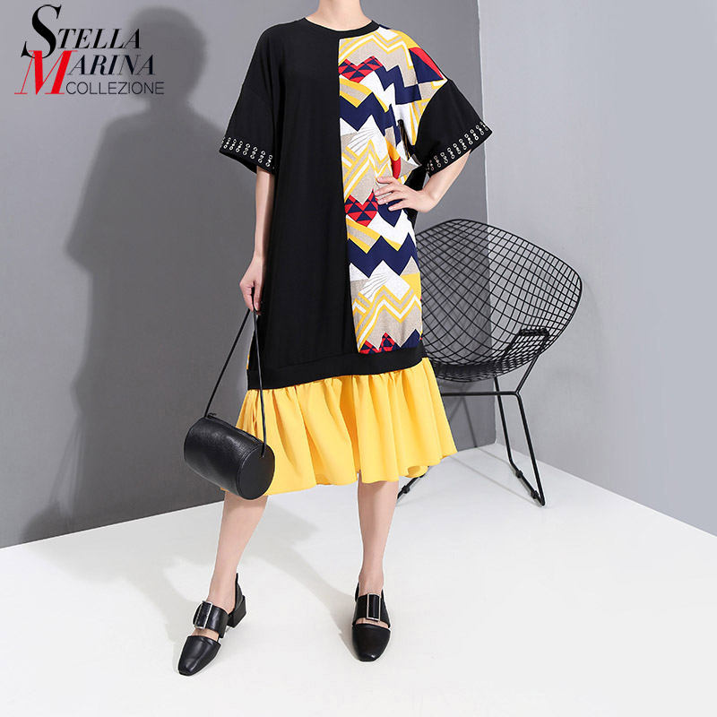 

New 2020 Korean Style Women Summer Fashion Black Dress Sleeve With Metal Hole Geometric Printed Ladies Plus Size Midi Dress 6146, 6146 black