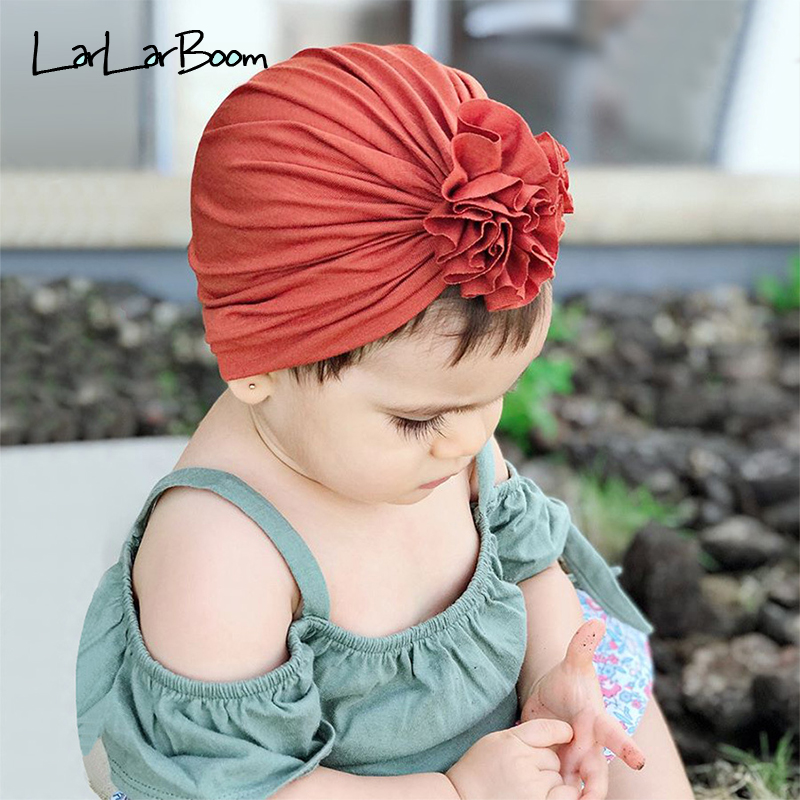 

LarLarBoom 17*18cm Fashion Children's Pleated Flower Hat Kids Accessories Newborn Baby Cotton Caps Solid Girls Hat for 0-4Years, White