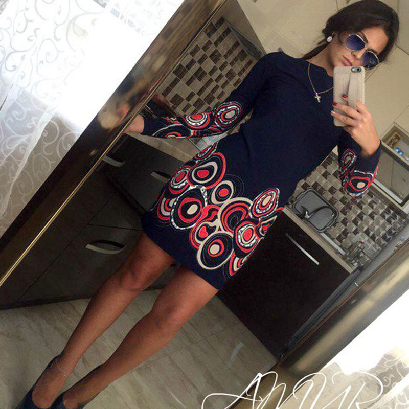 Women Bandage Vintage Dress 3 Style Long Sleeve O-Neck Sheath Pattern Print High Waist Mini Dress Outfit Evening Party