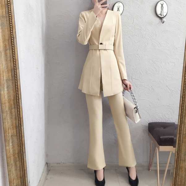 

Women Pant Suits female spring and autumn New High end female British style Blazers top + wide leg pants Two-piece suit women AQ508, Beige
