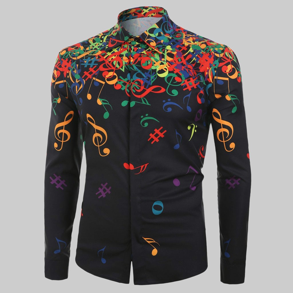 Men Shirts 3D Printing Casual Slim Fit Streetwear Musical Note Printed Blouse Black Lapel Button Up Men Dress Shirt Long Sleeve Tops-image-400218339