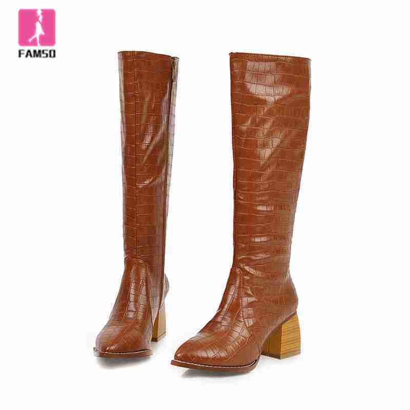 

FAMSO 2019 Shoes Women Boots Print Thick Heels Knee High Boots Size 34-43 Winter Snow Shoes, Black