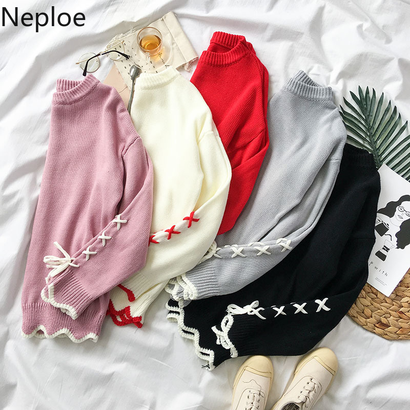 

Neploe Cross Bow Tie Long Sleeve Pull Femme Contrast Color Top Jumper Women Sweater 2019 New Autumn Fashion Sweet Pullover 55018, Black