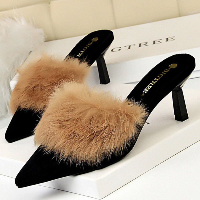 Élégant Bout Pointu Et Moelleux Fourrure Talon Haut Mules Talons Aiguilles Femme Chaussons Chaussures