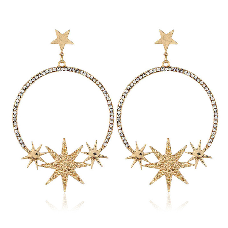 

New Style Europe And America Fashion Alloy Moon And Stars Rhinestone Street Snap Star Earrings Women's Elegant Retro Earrings