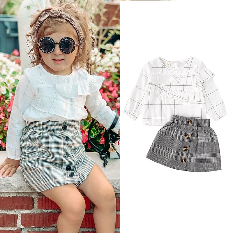 

2020 Baby Girls Autumn Fall Clothing 2Pcs Kids Baby Girl Ruffles Plaid Long Sleeve Shirt Top Button Plaid Skirts Outfit Sets, As pic