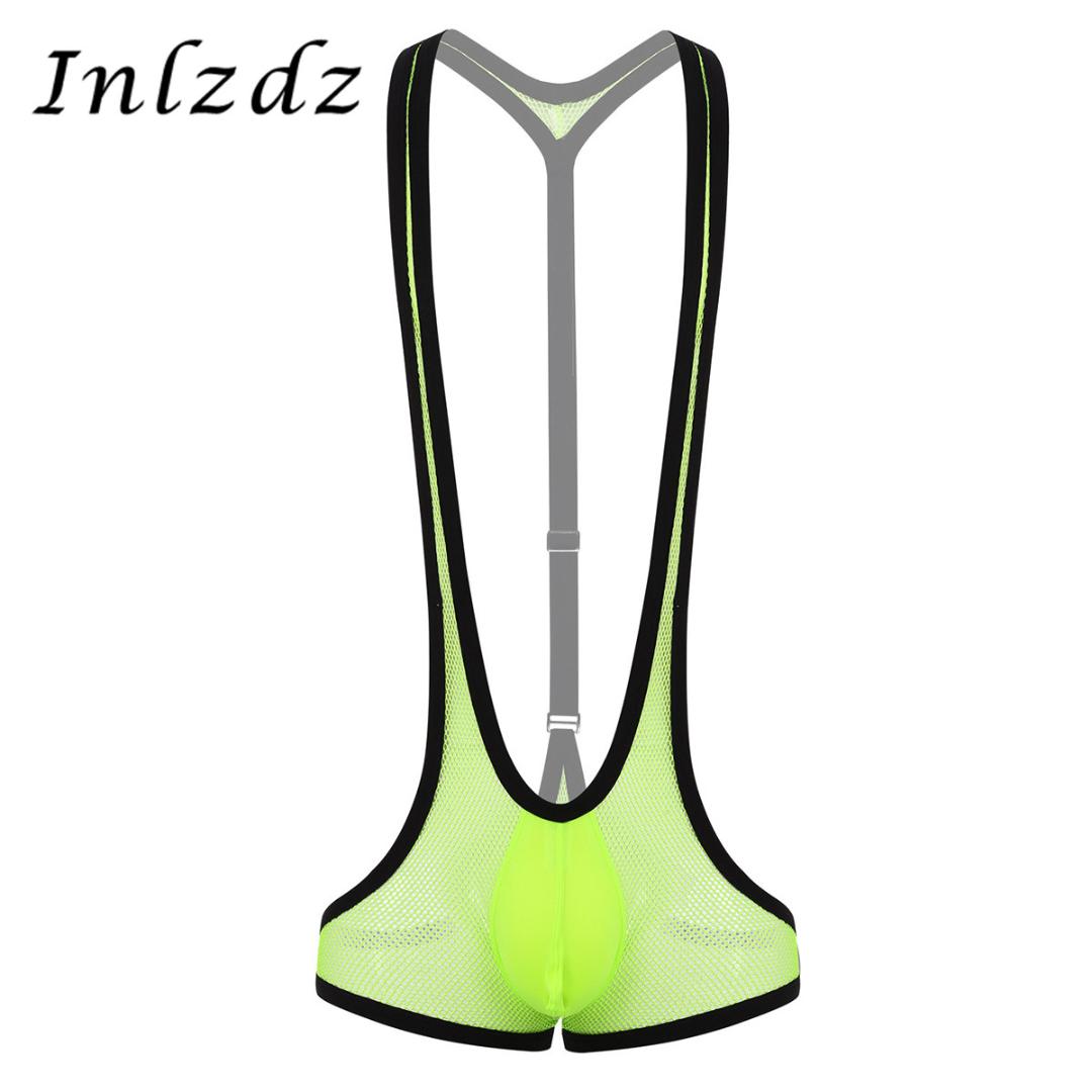 

Mens Wrestling Singlet Bodysuit See Through Sheer Fishnet Y-back Bulge Pouch Suspender Jockstrap Leotard Underwear Bodysuit, White