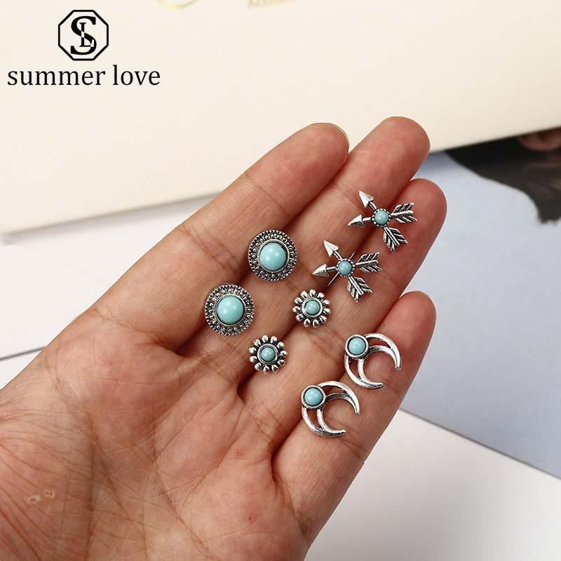 

arrival 4pcs set turquoise arrow stud earring set for women bohemian crescent cross shape earring fashion jewelry set