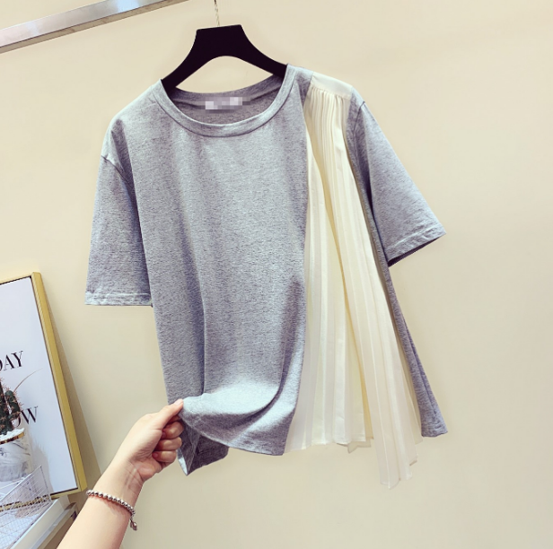 

Women T-shirt Woman Tshirt Summer New Fashion Pleats Pleated Stitching Short Sleeve Tshirt Female Ladies Loose T-shirts Tee, Black