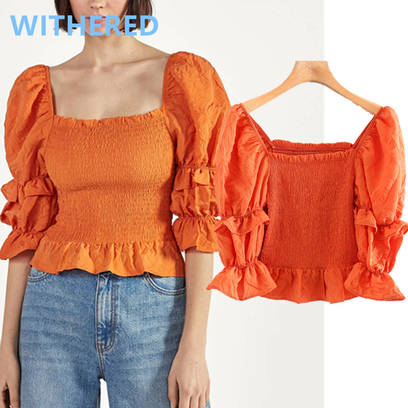 

Withered fashion blogger vintage puff sleeve cascading short blouse women blusas mujer de moda 2020 shirt womens tops and blouse, Orange