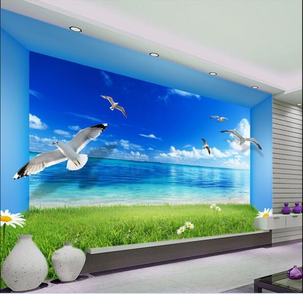 

3d wallpaper custom photo mural Seaside meadow flowers seagull scenery background home decor 3d wall murals wallpaper for living room, Non-woven