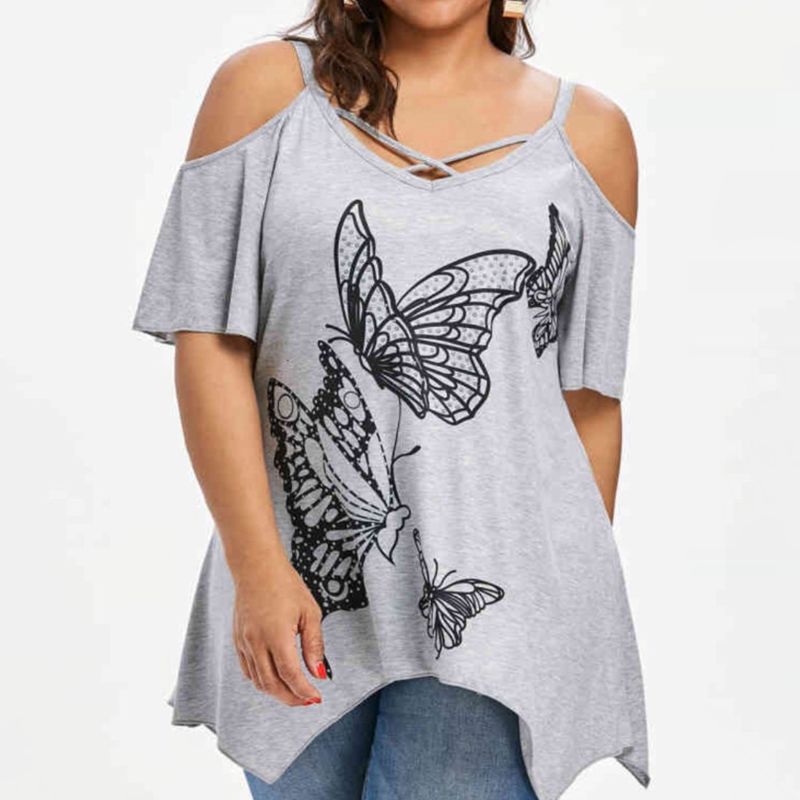 

Summer large size sling T-shirt 3XL-7XL bust 130CM fashion women's sling butterfly printing irregular hem casual T-shirt, Black