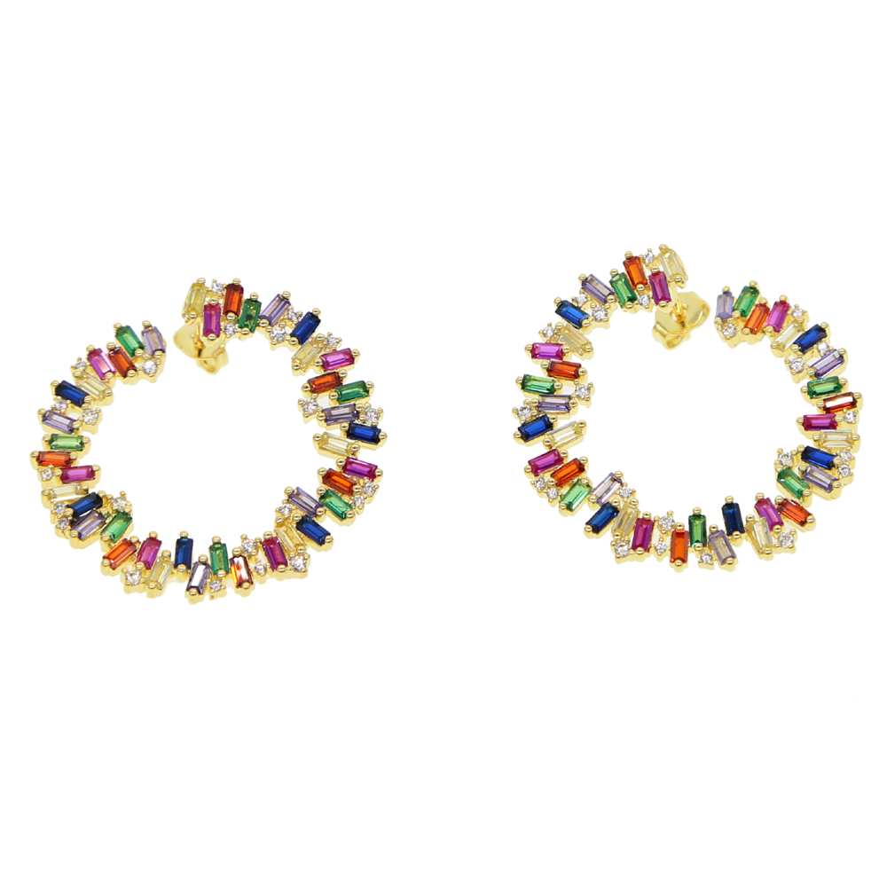 luxury rainbow cz stud earring geometric round circle cz band Gorgeous Gold plated trendy modern female party jewelry